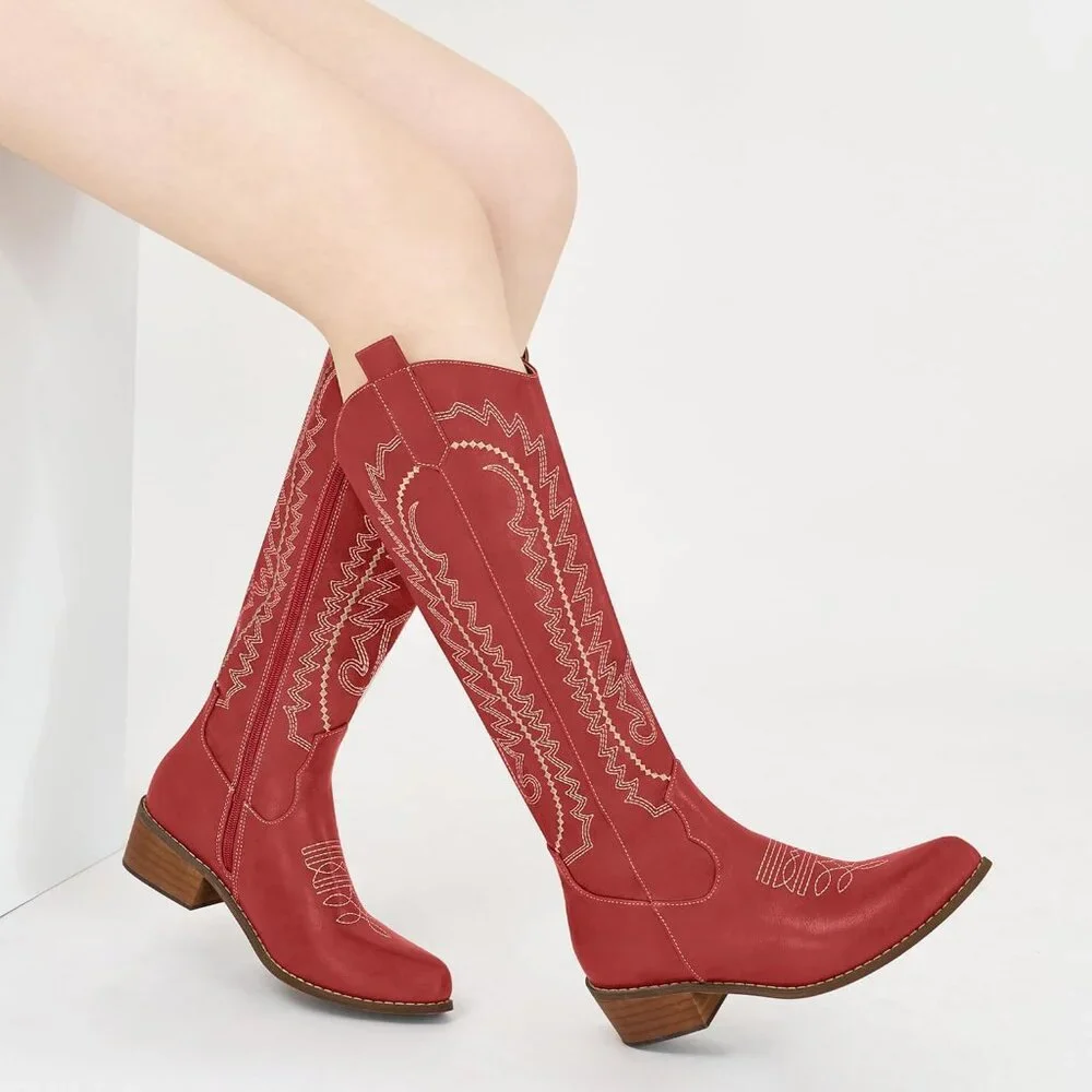 Women's Red Embroidered Knee High Chunky Heel Pointed Zipper Tall Boots - Picture 7 of 7